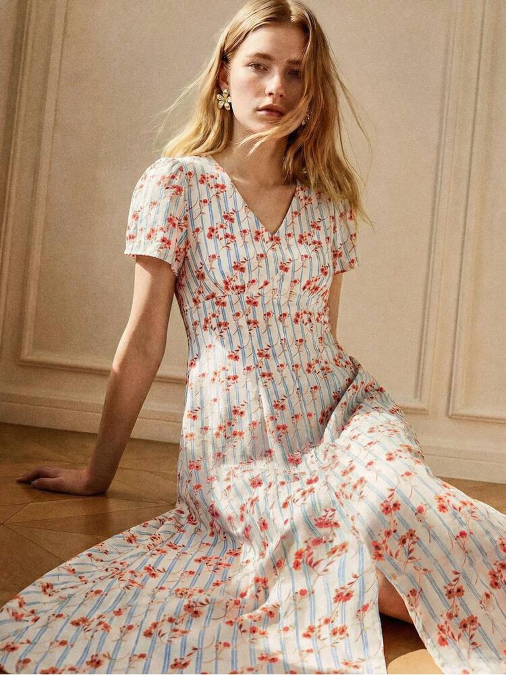 SHEIN Floral Stripe Midi Dress S NWT